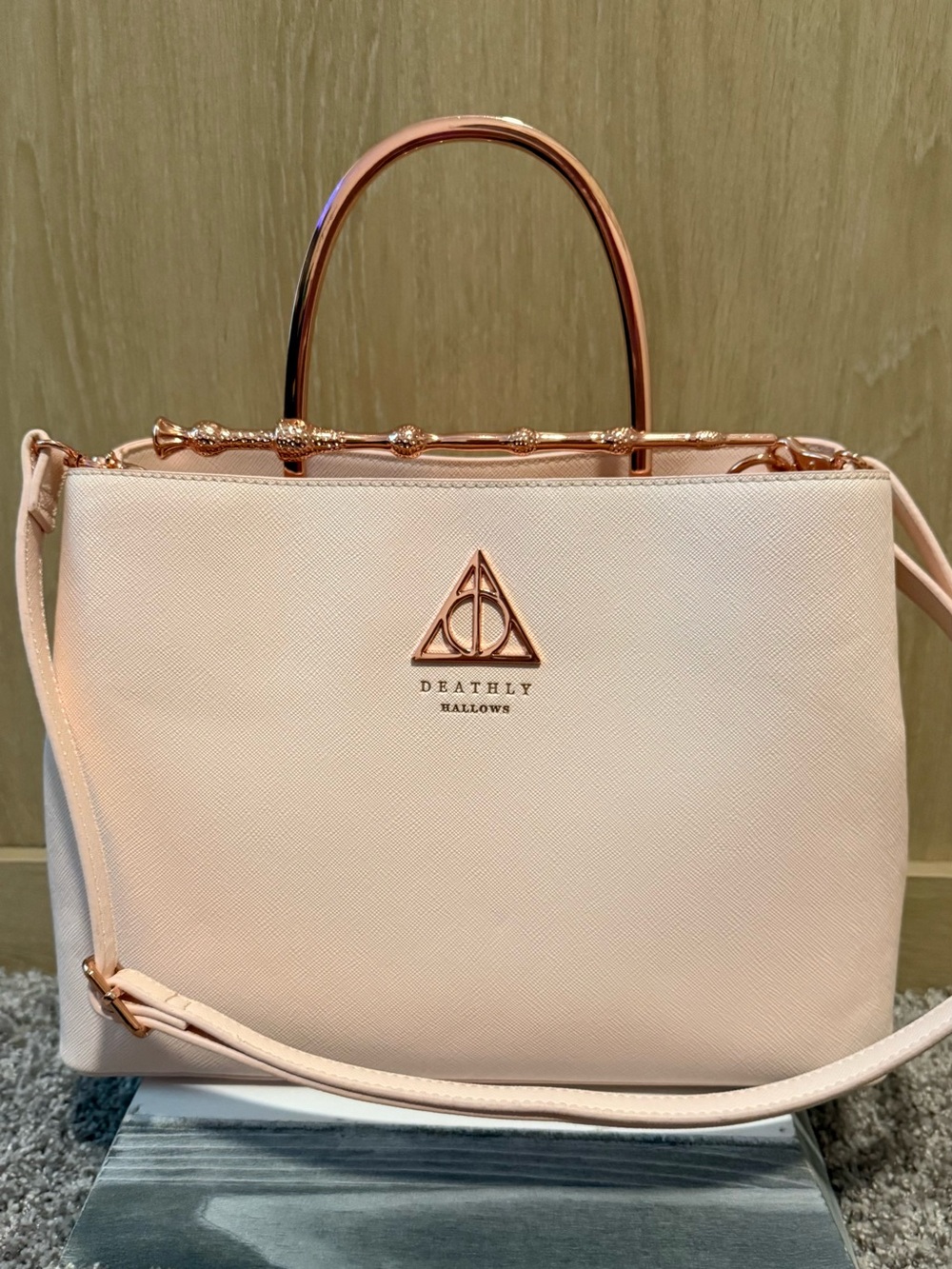 Loungefly Harry Potter Deathly Hallows Handbag Purse Pink Rose Gold Wand Handle